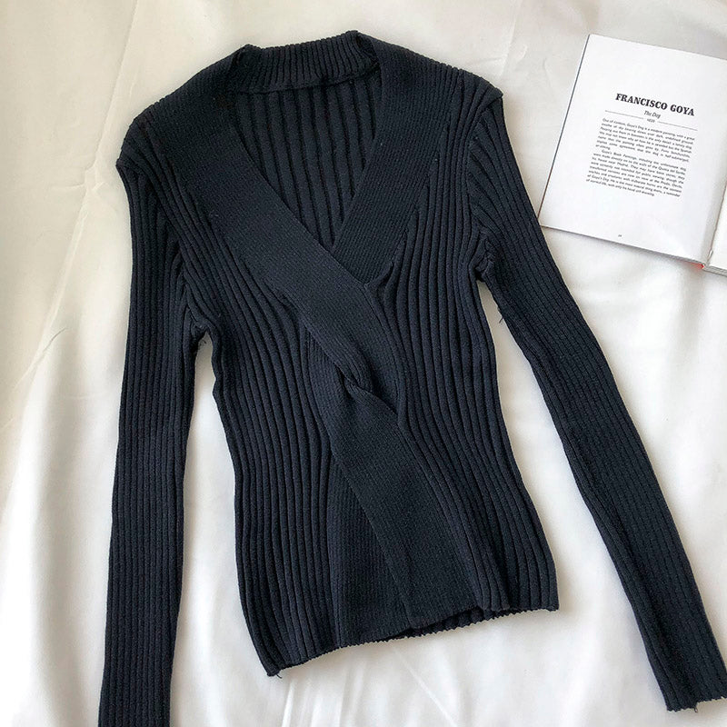 V-neck slim long sleeve slim fit net red pit strip sweater women  6501