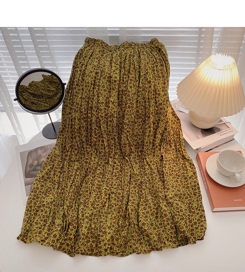Hong Kong style retro floral high waist elastic A-shaped large swing skirt  5738