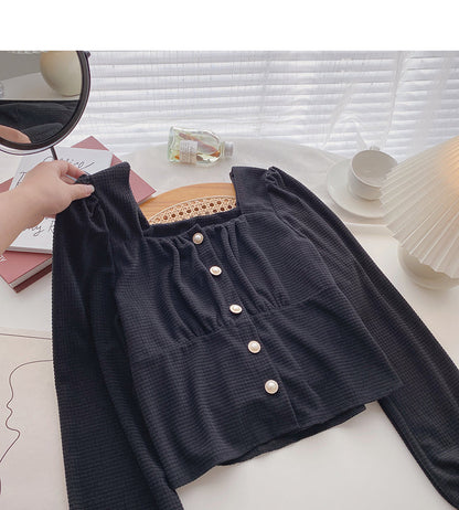 Small minority design Vintage pearl button square collar thin blouse  6306