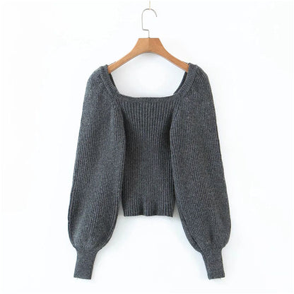 Square neck French collarbone exposed minority Lantern Sleeve Top  7216
