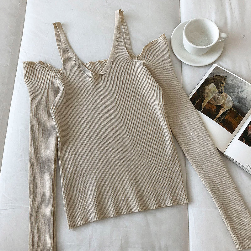 Off shoulder suspender long sleeve slim fit sweater for women  6462