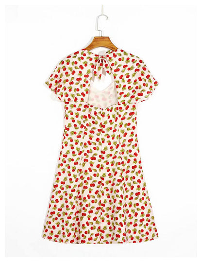 Can salt can sweet niche dress retro square neck print open back messy lace-up skirt  7028
