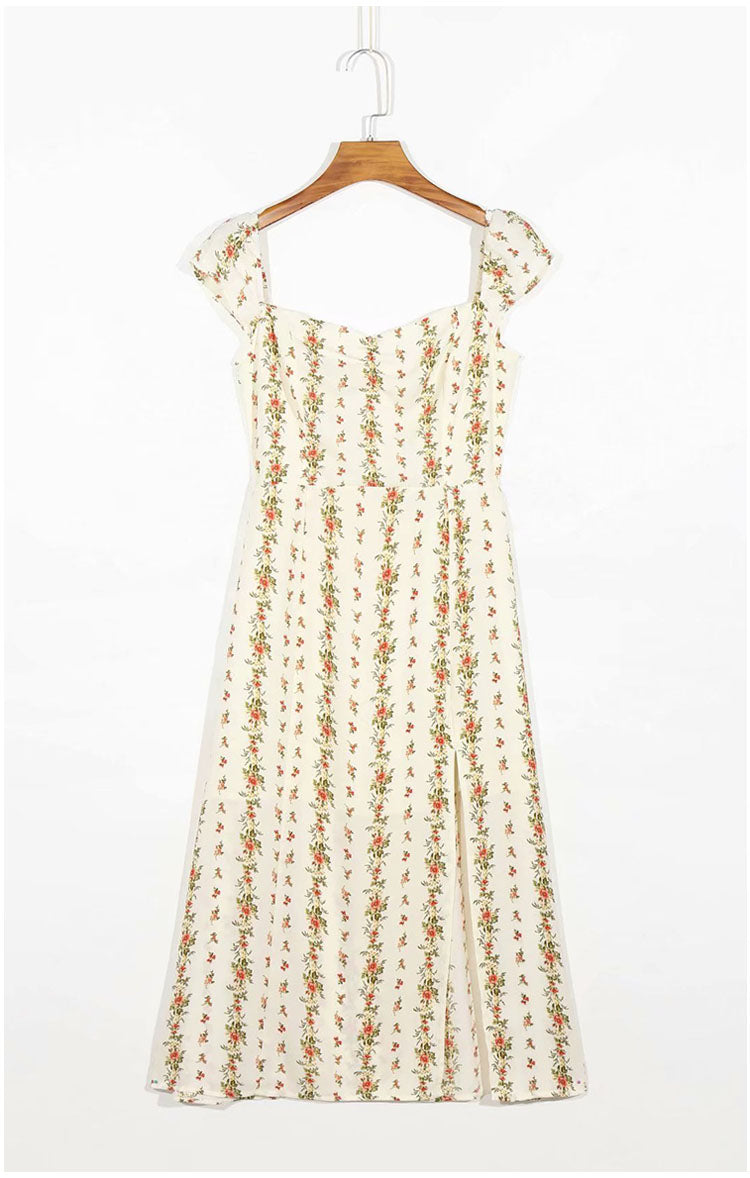 Ruffle floral print split strap Knee Length Dress  7098
