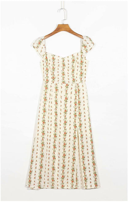 Ruffle floral print split strap Knee Length Dress  7098