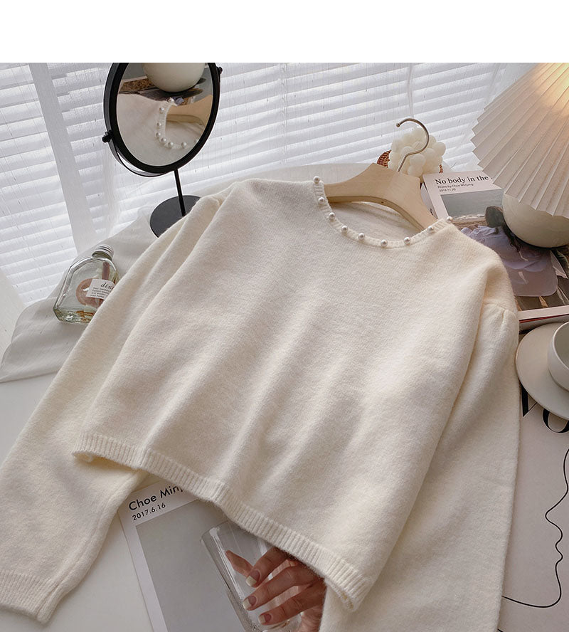 Vintage Design nail bead crew neck loose sweater fashion  6579