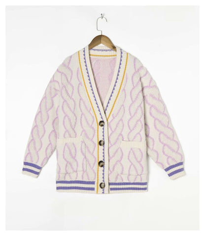 V-neck knitted cardigan autumn casual color matching twist sweater coat  7260