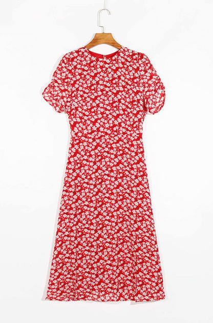 French gentle and elegant retro floral bubble sleeve dress  7065