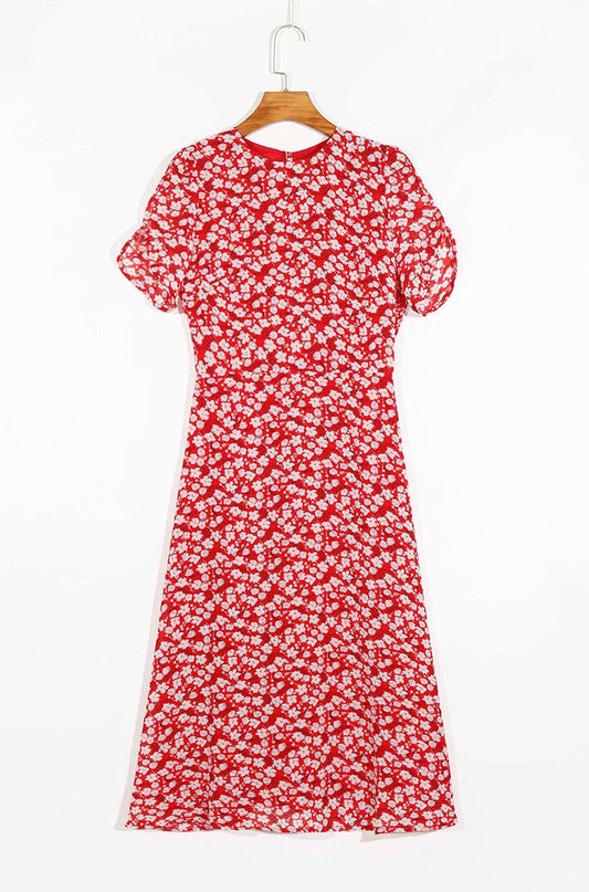 French gentle and elegant retro floral bubble sleeve dress  7065