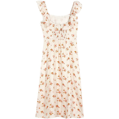 French gentle first love elastic wrinkled girl broken flower knee dress  7092