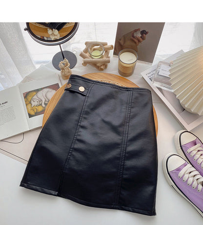 Korean solid color versatile fashion high waist PU leather bag hip skirt  5520