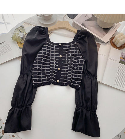 French bubble sleeve square neck Plaid top  6322