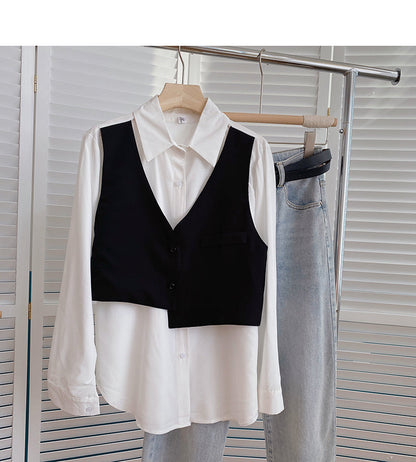 Lazy irregular stitching long sleeve shirt design fake two pieces  6358
