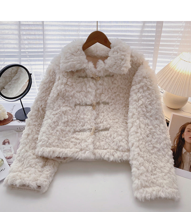 Sweet aging Plush ox horn button loose long sleeve coat  6222