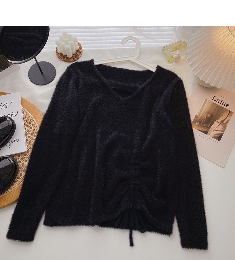 Imitation mink sweater niche V-neck drawstring slim top  6577