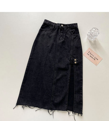 Niche design high waist split denim A-line skirt  5694