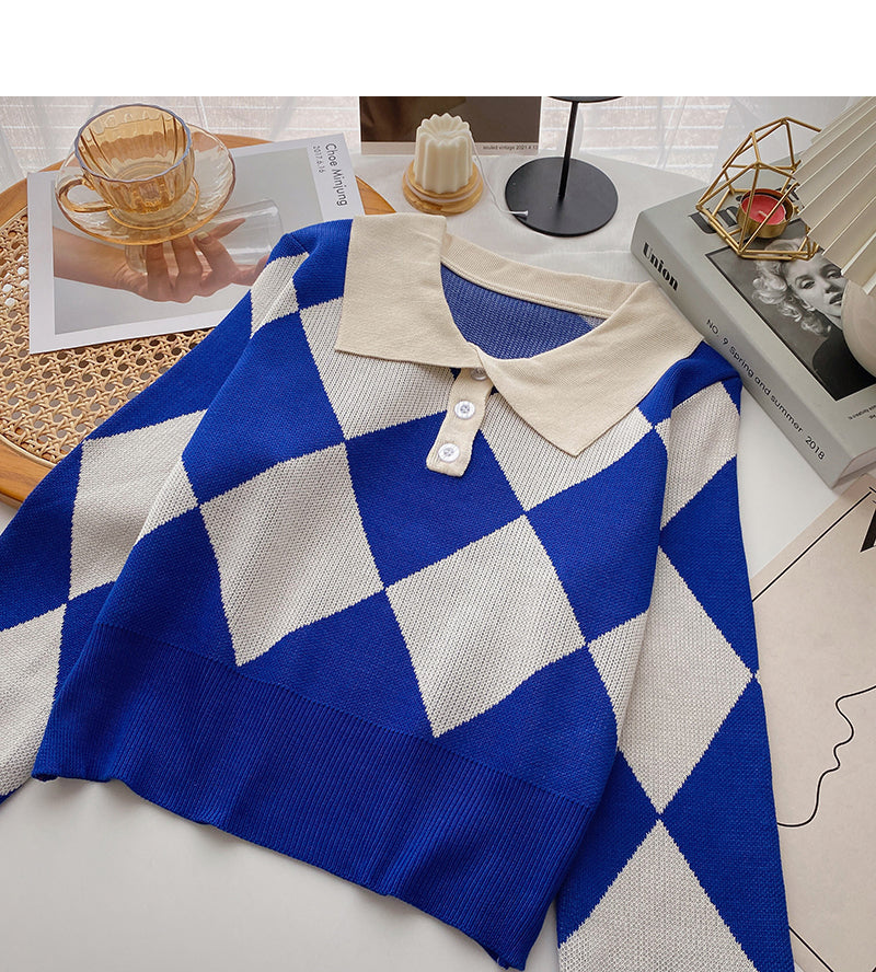 Plaid long sleeve top versatile short slim sweater  6591