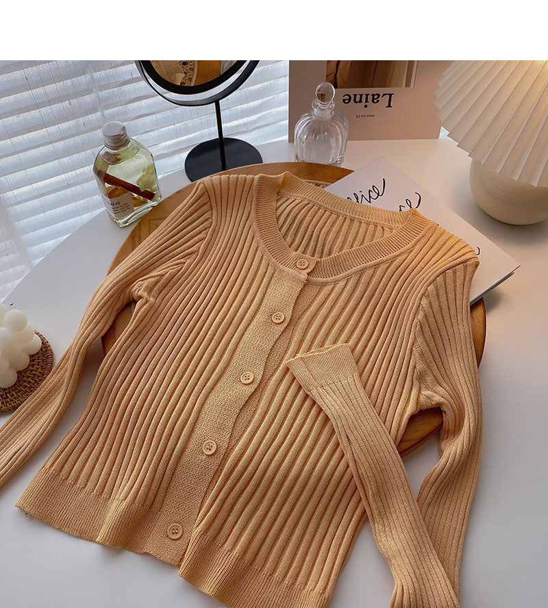 Korean version thin long sleeve round neck versatile thread solid color knitted cardigan  6550