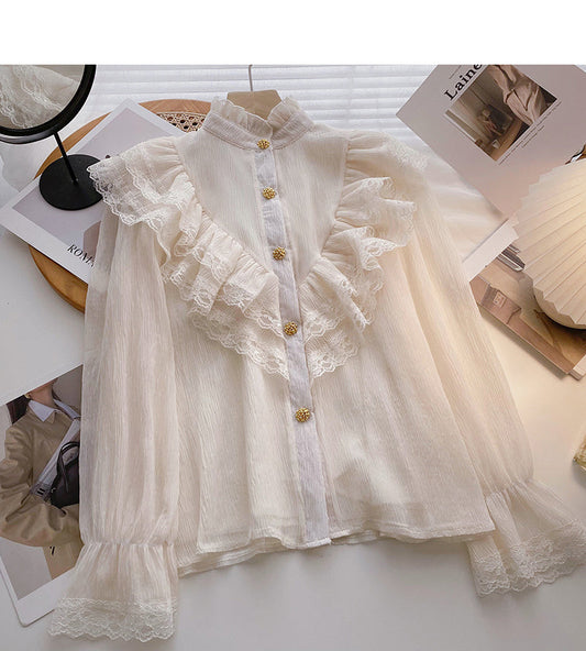 Stitched lace stand collar Long Sleeve Shirt  6396