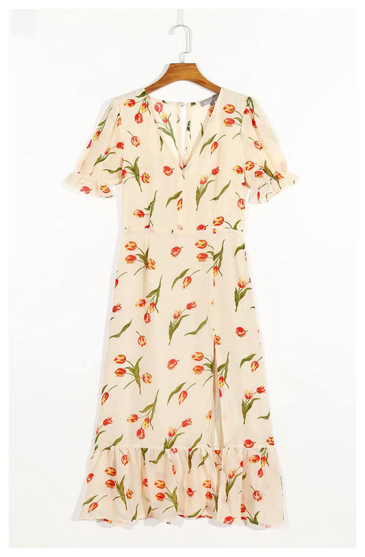 Versatile French printed V-neck split bubble sleeve medium length dress  7048