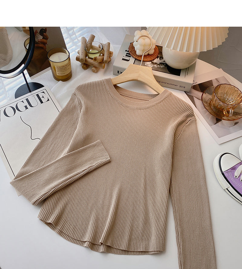 Knit bottomed shirt slim fit short versatile casual long sleeve top  6619
