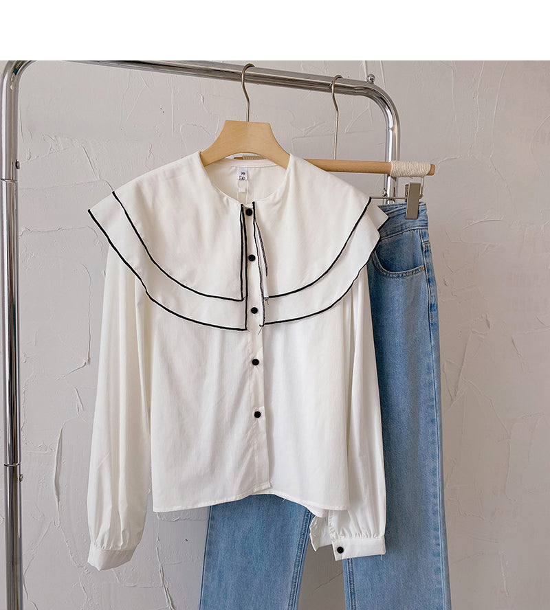 Baby collar long sleeve Vintage shirt casual loose top fashion  6431