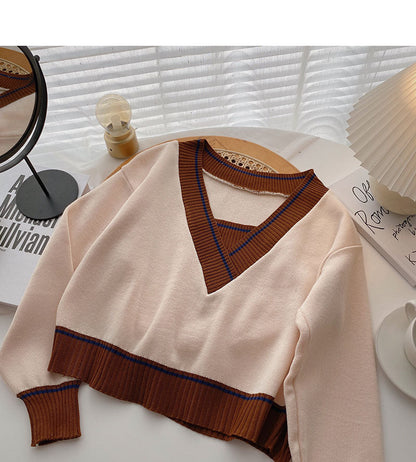 Long sleeve T-shirt retro contrast V-neck short temperament top  6551