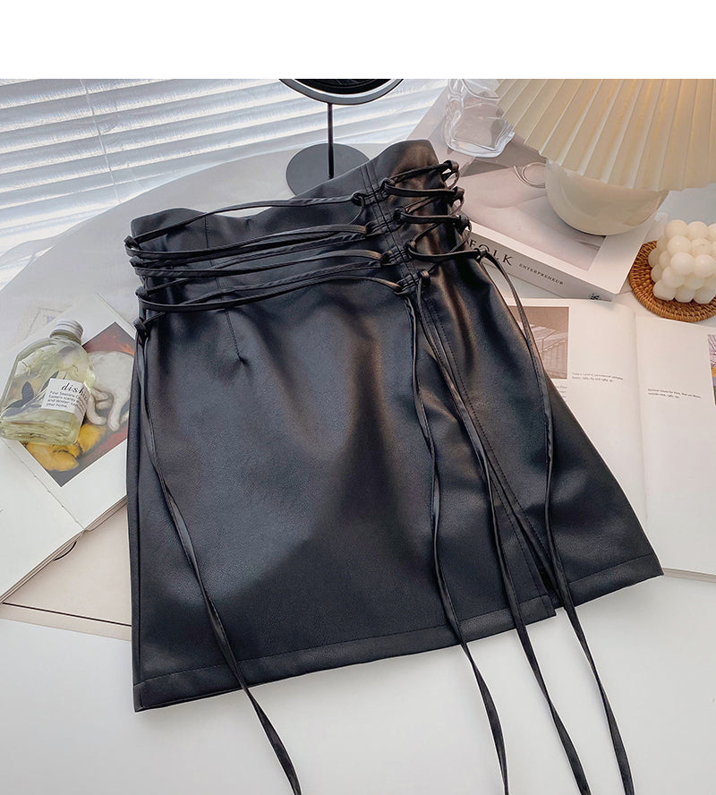 High waist small public design bandage wrap hip thin PU leather skirt  5411