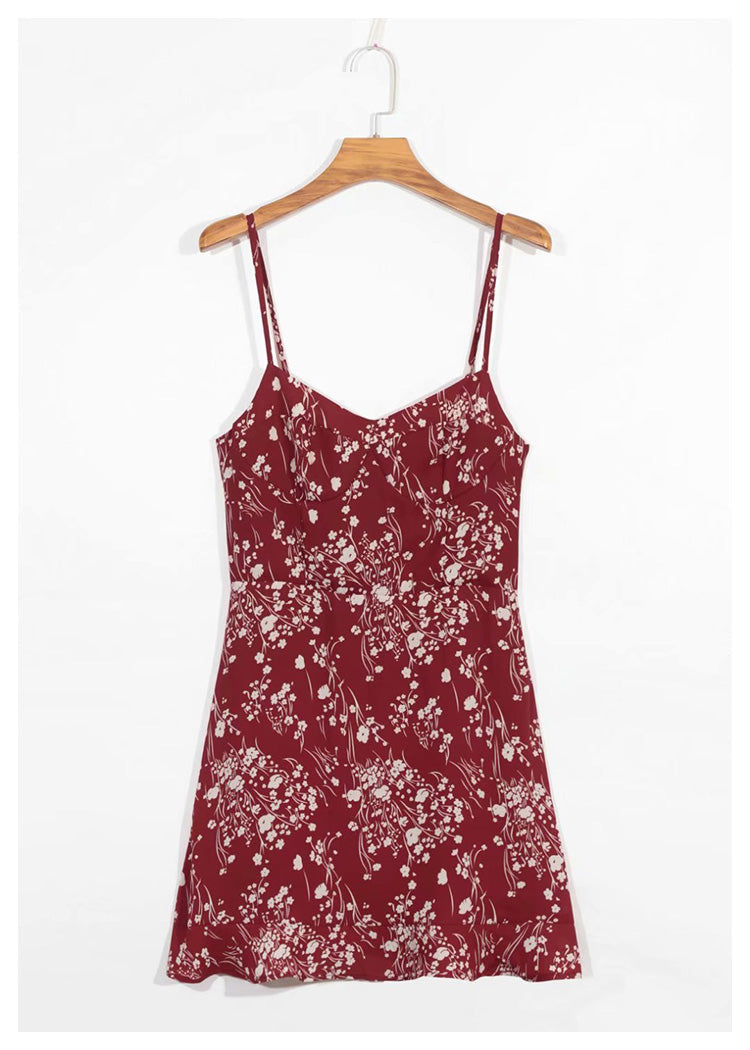 French retro floral waist closing sexy Ruffle Chiffon Dress  7056