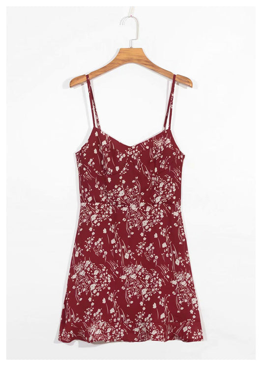 French retro floral waist closing sexy Ruffle Chiffon Dress  7056