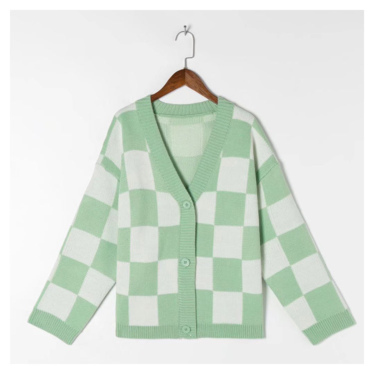 Lazy wind chessboard with sweater autumn  7403