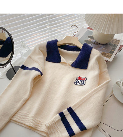Slim and age reducing color matching Lapel Pullover long sleeve top  5912