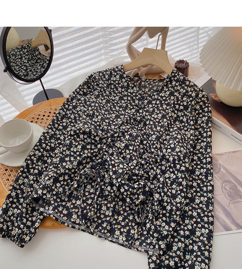 Design sense of foreign style floral shirt drawstring fold  6412