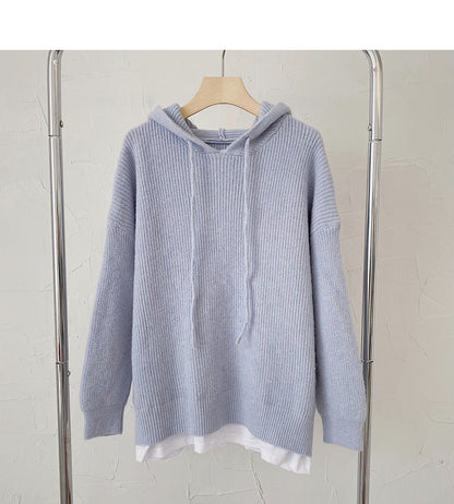 Sweater women's lazy style retro loose long sleeve hooded fake two-piece top  6197