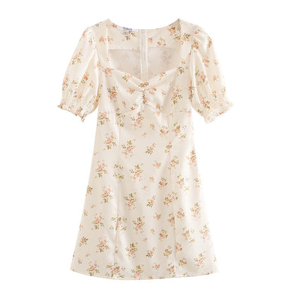 French Floral Vintage square neck bubble sleeve dress skirt  7038