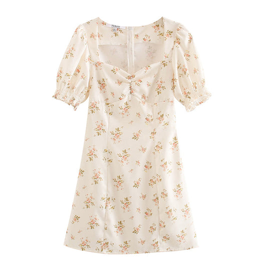 French Floral Vintage square neck bubble sleeve dress skirt  7038
