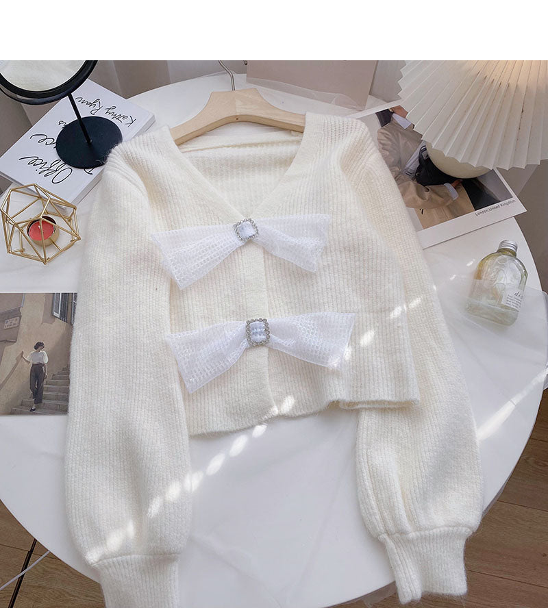 Lazy wind gentle foreign style solid color bow V-neck top  6134