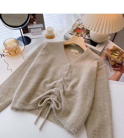 Korean fashionable temperament drawstring slim long sleeve top  6130
