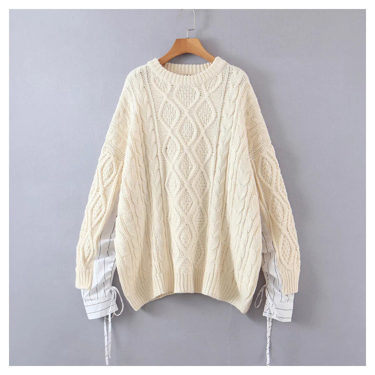 Vintage stitched sleeve round neck Pullover loose medium length sweater  7334