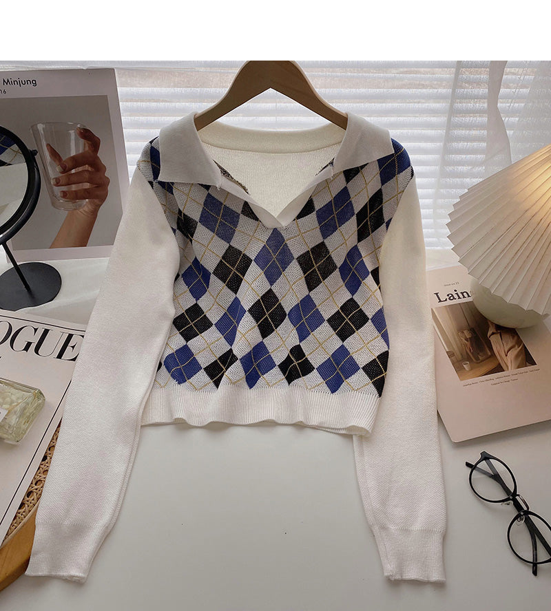 Plaid long sleeve sweater small short Pullover Top  6653