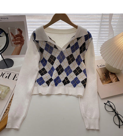 Plaid long sleeve sweater small short Pullover Top  6653