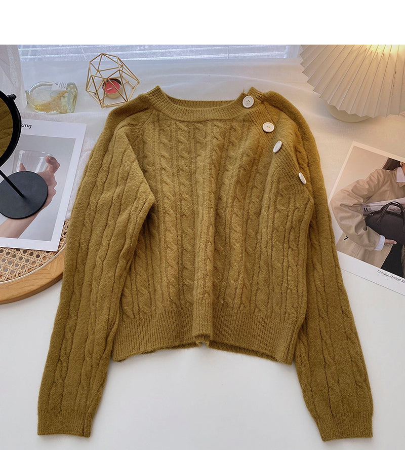 Personalized diagonal button round neck Pullover Top  6108