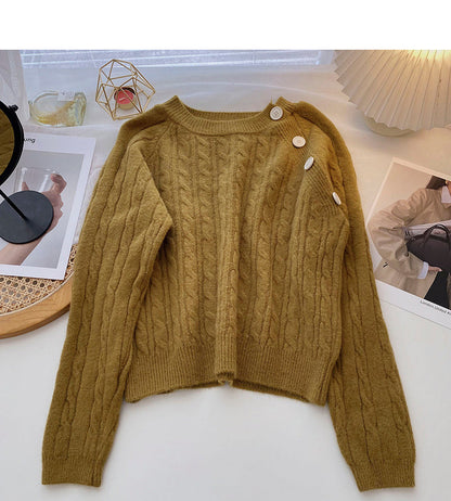 Personalized diagonal button round neck Pullover Top  6108