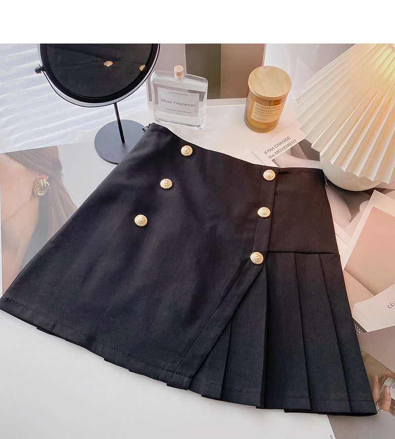 New design personalized double row button high waist A-line pleated skirt  5647