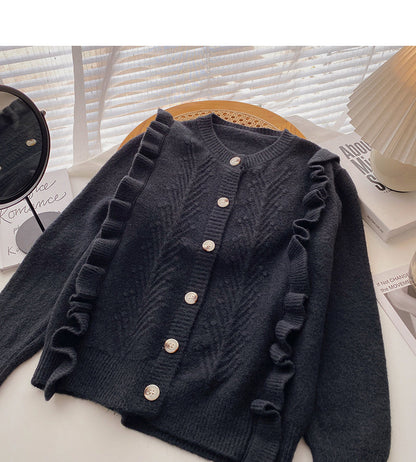 Fungus edge stitching design single breasted long sleeved sweater  5910