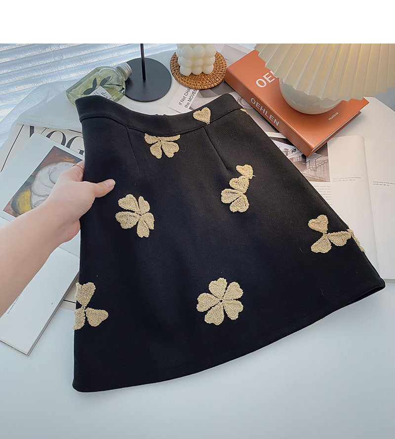 Flocked jacquard retro skirt, slim high waist A-line skirt  5459
