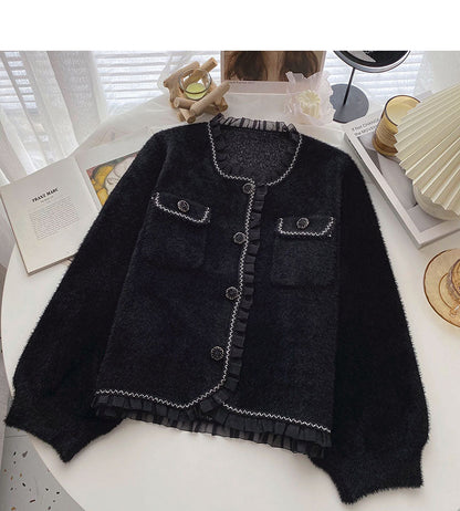 French Style Lace Edge round neck long sleeve top  6123