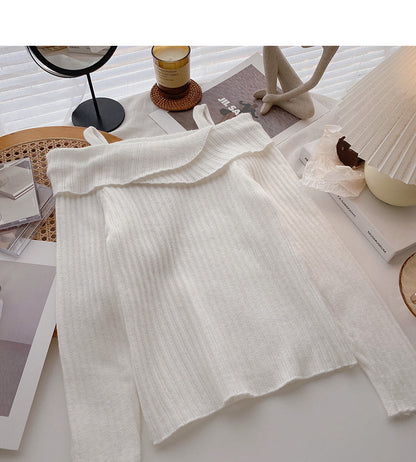 Straight neck irregular thin suspender long sleeve sweater  6444