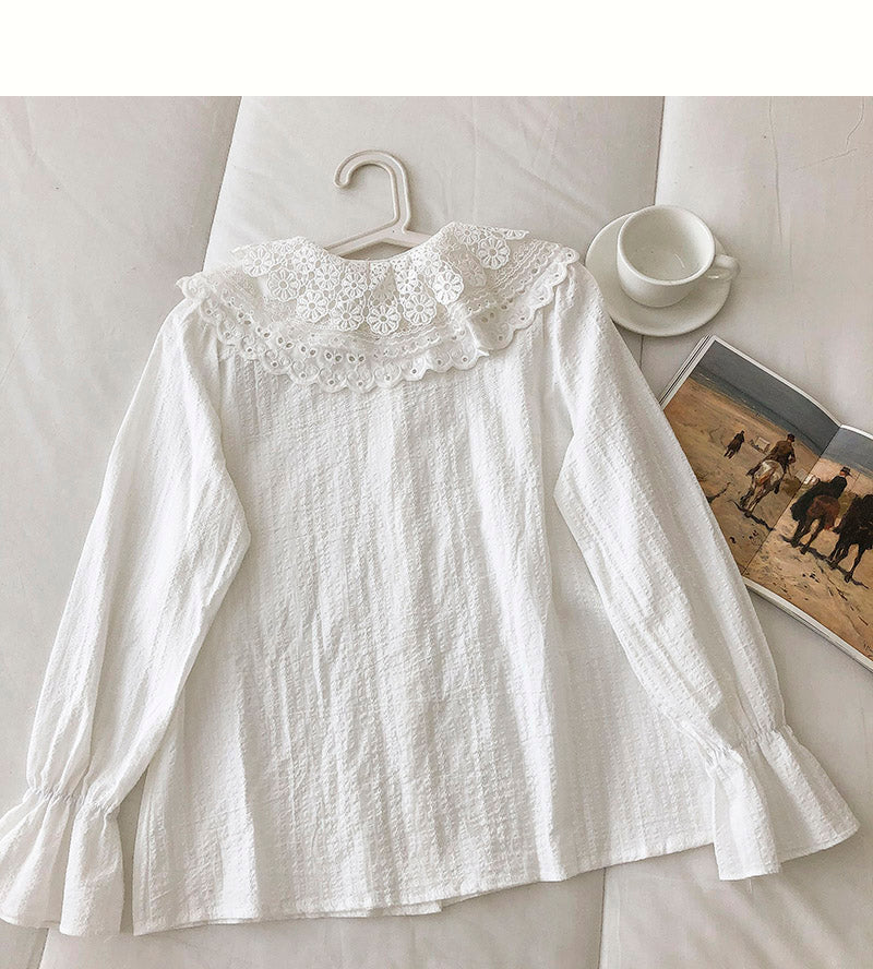 Female Crocheted hollow out baby collar breasted cotton linen shirt  6250