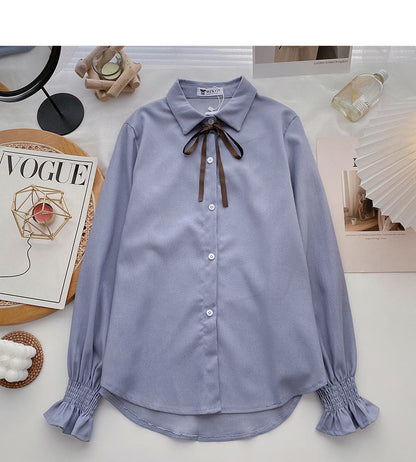 Collegiate lace up Lapel shirt casual long sleeve top  6356