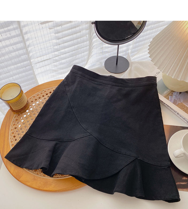 Solid color simple irregular fishtail wrap hip high waist A-shaped skirt  5557